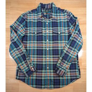 J.Crew Sporting Goods Mens Large Blue Teal Orange Plaid Flannel Shirt 07203 HO13